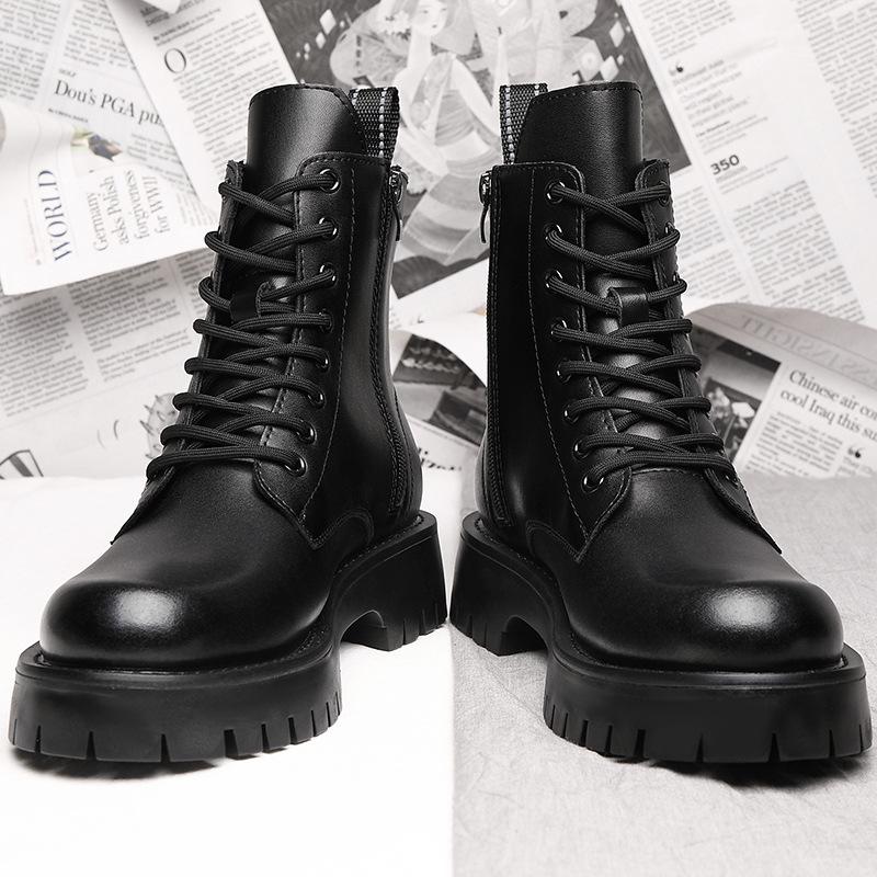 Boots men  high top British style mid top leather shoes men's boots winter thick sole with plush warm cotton shoes