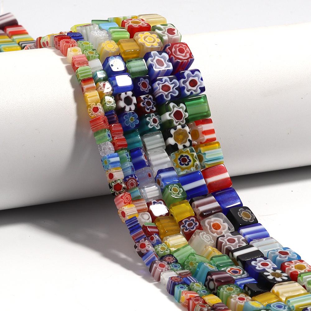 1 Strang Bunte Quadratische Blumen Lampwork Perlen 4-8mm Glas Lose Abstandshalter Perlen Für Schmuckherstellung Basteln DIY Armband Zubehör