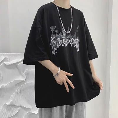 Men'S Trendy Letter Round Neck Printed Short Sleeved T-Shirt For Summer Ins Loose Casual Top