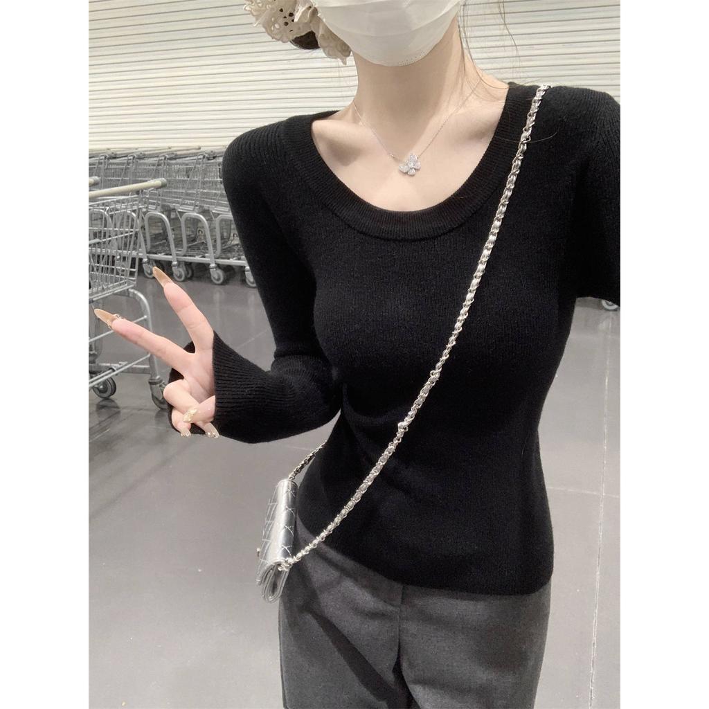 U-neck Knitted Sweater for Women's Autumn and Winter Slim-fitting and Thin Inner Long-sleeved Sweater Soft Waxy Simple Temperament Bottoming Top