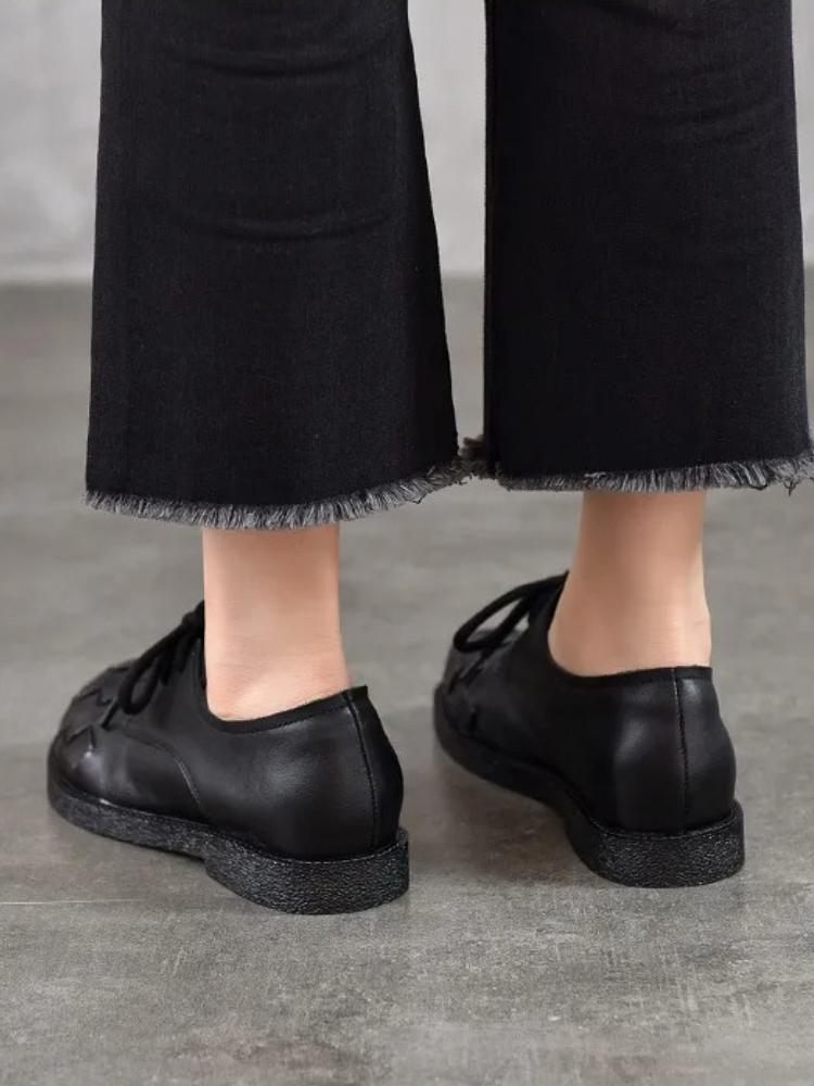 Johnature Vintage Genuine Leather Woven Low Heel Shoes Versatile Round Toe Lace Up Women's Shoes