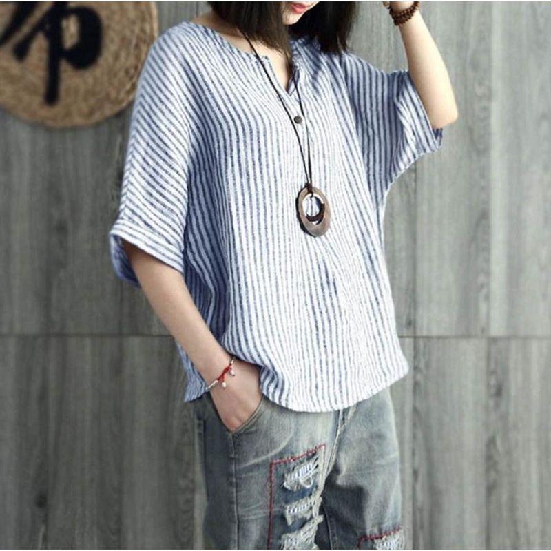 

Bat Sleeve V-neck Striped T-shirt Bat Sleeve V-neck T-shirt Stripe Casual Top Women Blue 5XL