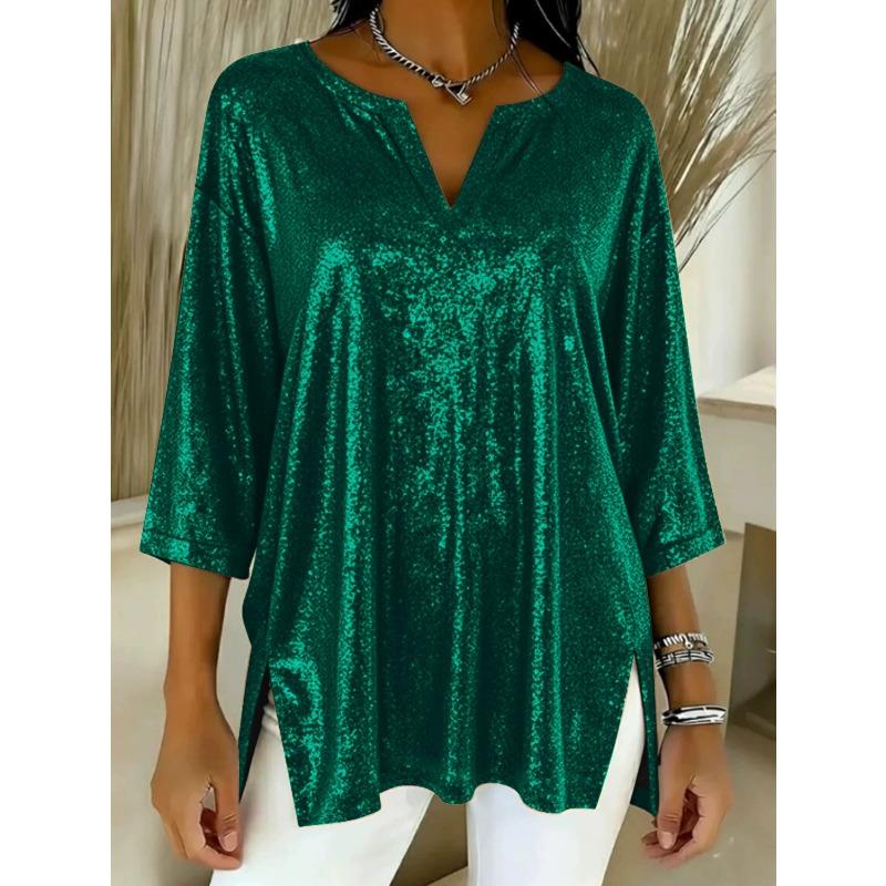 Women's Large Size T-shirt Spring and Summer Seven Quarter Sleeve Shiny Loose Casual Female T-shirt Fashion V-neck Solid Color Office Ladies Tee Tops