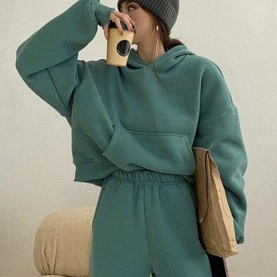 

2025 Женский повседневный флисовый костюм из двух предметов: толстовка и джоггеры S