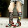 Johnature Handmade Color Printing Splice Flower Belt Buckle Comfortable Thick Heel Women Mid-calf Boots