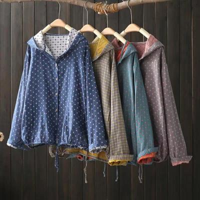 Women Spring Autumn Coat Hooded Drawstring Hem Long Sleeve Printing Loose Zipper