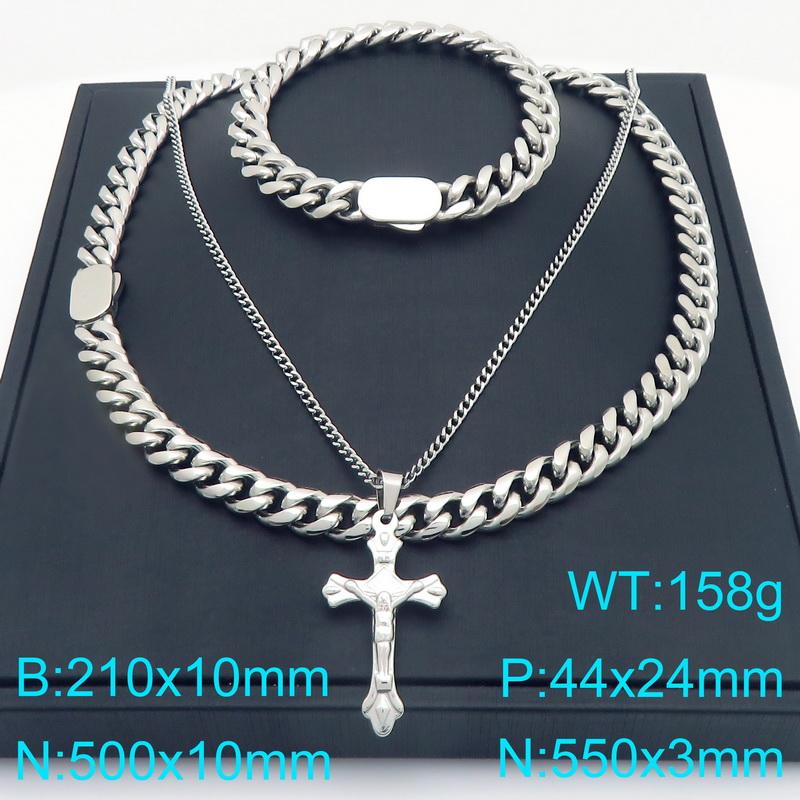 Men's Double Layer Cross Pendant Necklace for Men Gold Color Stainless Steel Cuban Link Chain Necklaces Bracelets Jewelry Set