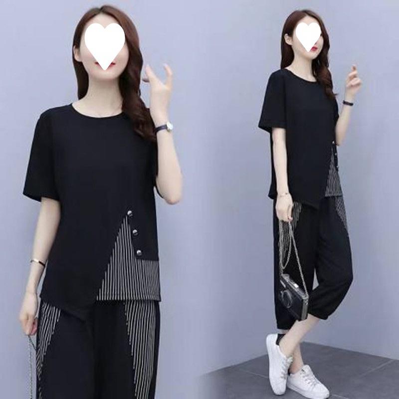 

Trendy Casual Sports Suit for Women, Loose Plus Size Women s Slimming Summer Dress, Short-sleeved Women s Cropped Pants Two-piece Set 4XL чорний