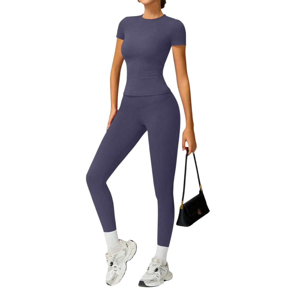 Women's Casual  Color Yoga Suit Short-Sleeve Pants Set