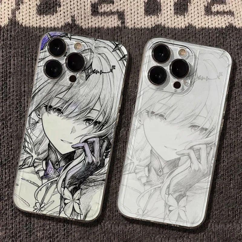 Anime Girl Pencil Sketch Clear  Phone Case for iPhone 17 16 15 14 13 12 11 16E Series Pro Max Plus Double Layer Protection