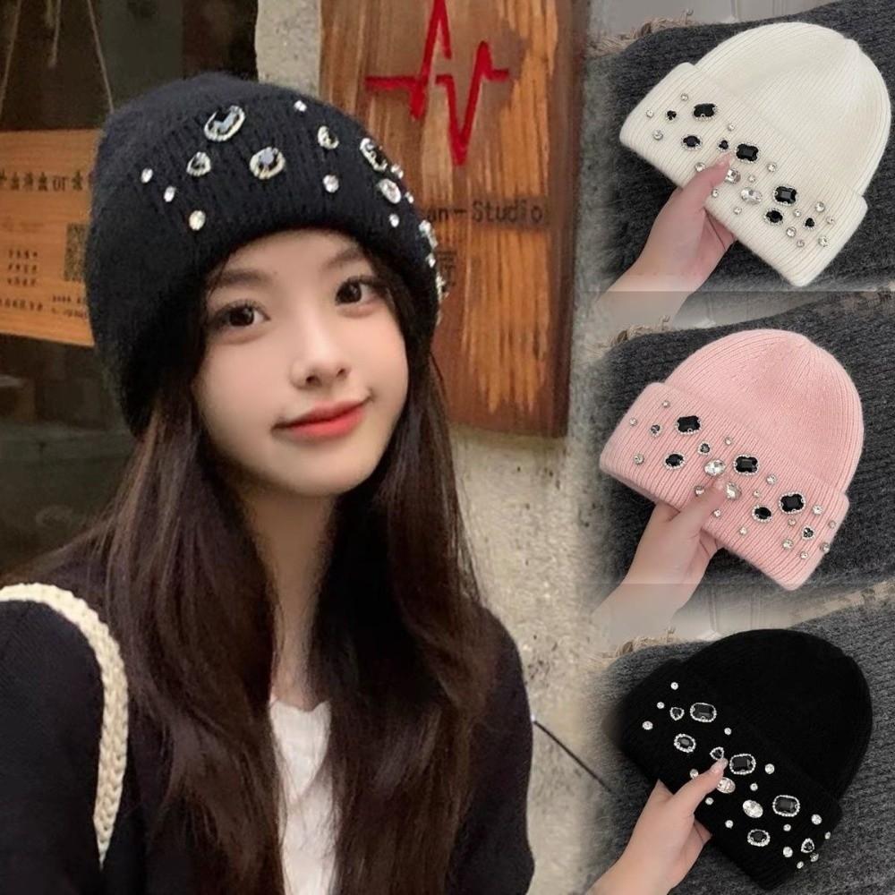 Solid Color Warm Beanie Versatile Windproof Cap Gift Rhinestone Knitted Hat  Travel