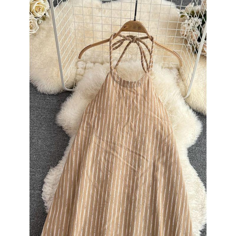 Summer Open Back Sling Loose Stripes Dress Halterneck