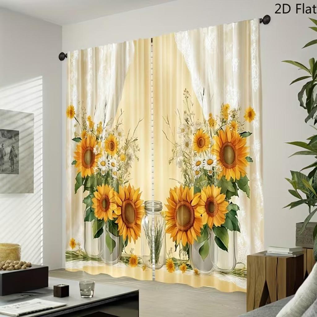 2-Piece Set Fashionable Sunflower Seasonal Theme Curtains 100% Polyester Material for Bedroom Decor