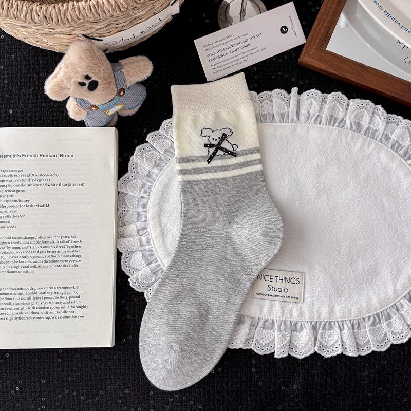 Korean Blue-Gray Striped Mid-Calf Socks - Women's Combed Cotton, Cute Puppy Design