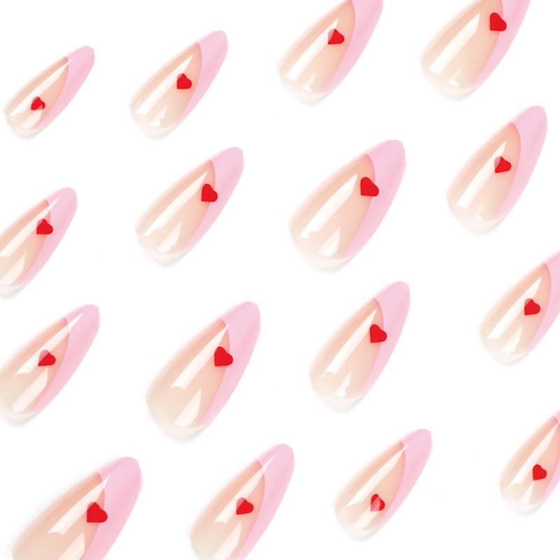 Medium-Long French Pink Press-On Nails with Red Heart Design