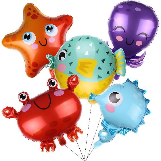 BLMHTWO 5 PCS Sea Animal Balloons,Under The Sea Balloons Foil Party Decorations Seahorse Starfish Globefish Crab Octopus for Kids Birthday Party