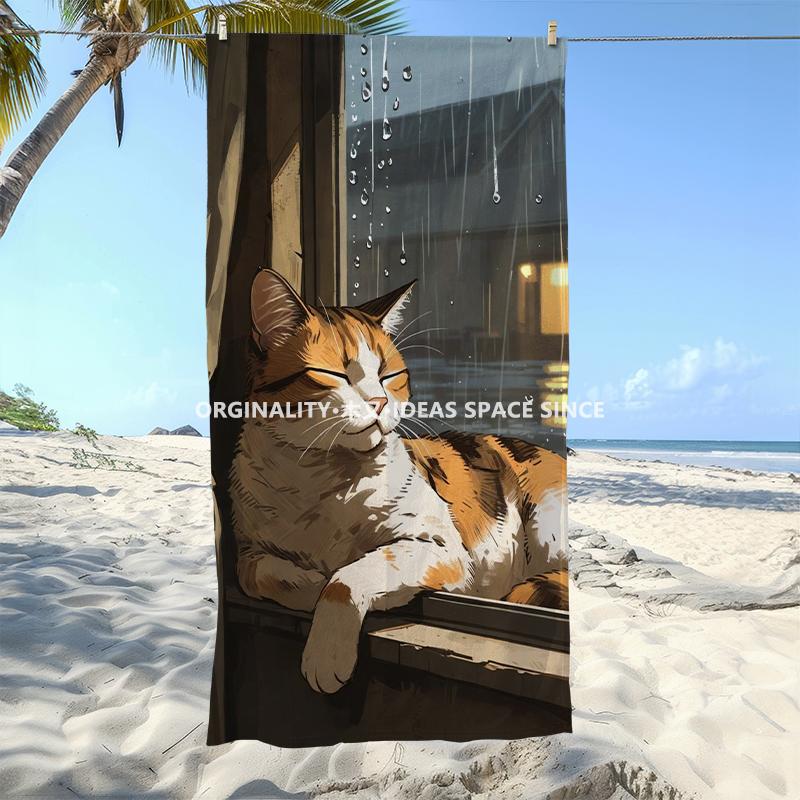 Cozy Rainy Cat Town Beach Towel Patterned Sunscreen And Windproof Suitable For Swimming Pool Camping Travel Blanket