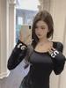 Women's Slim-Fit Velvet Shoulder T-Shirt - Autumn/Winter Long-Sleeve Chic Top