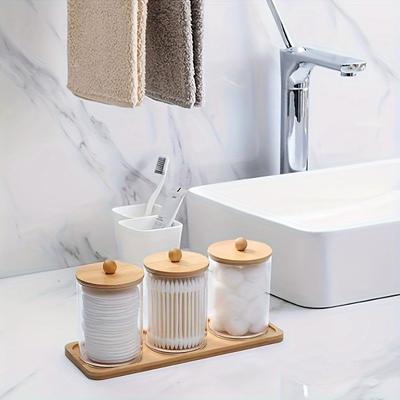 4 Pcs/set ,3 Swabs/balls/pads Holder with 1 Dresser Bamboo Tray, Apothecary Jar with Bamboo Lid, Clear Bathroom Container