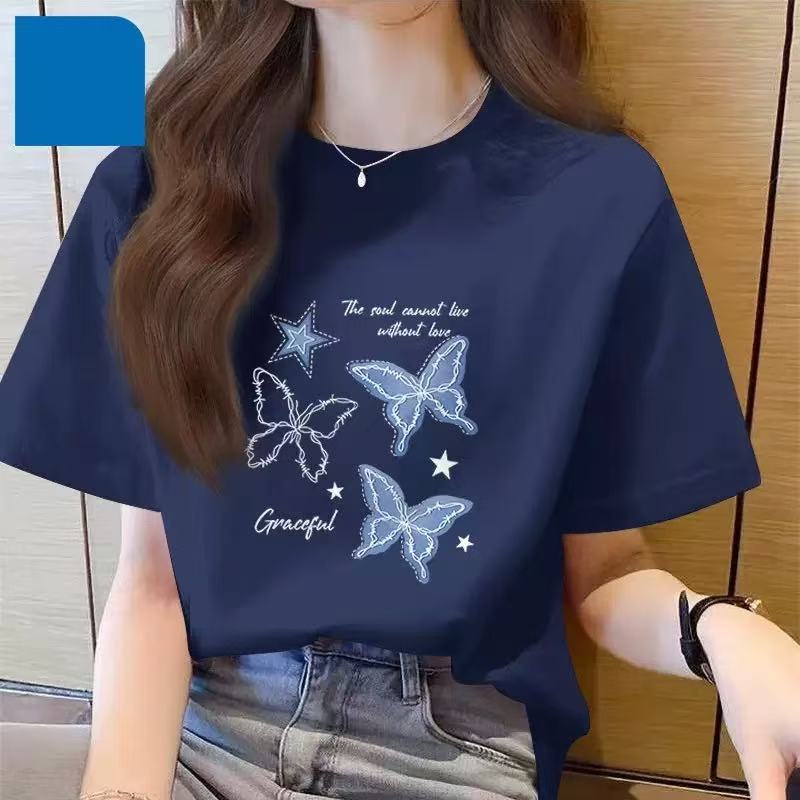 Women's Loose Fit Short Sleeve Crew Neck Tee Butterfly Letter Print Cotton Casual Basic Summer Daily Wear Streetwear Top
