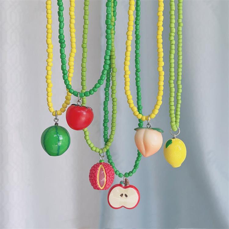 Trend Jewelry Dopamine Colored Apple Strawberry Lemon Fruits Pendant Bead Necklace for Women Y2K Cute Choker Party Necklace