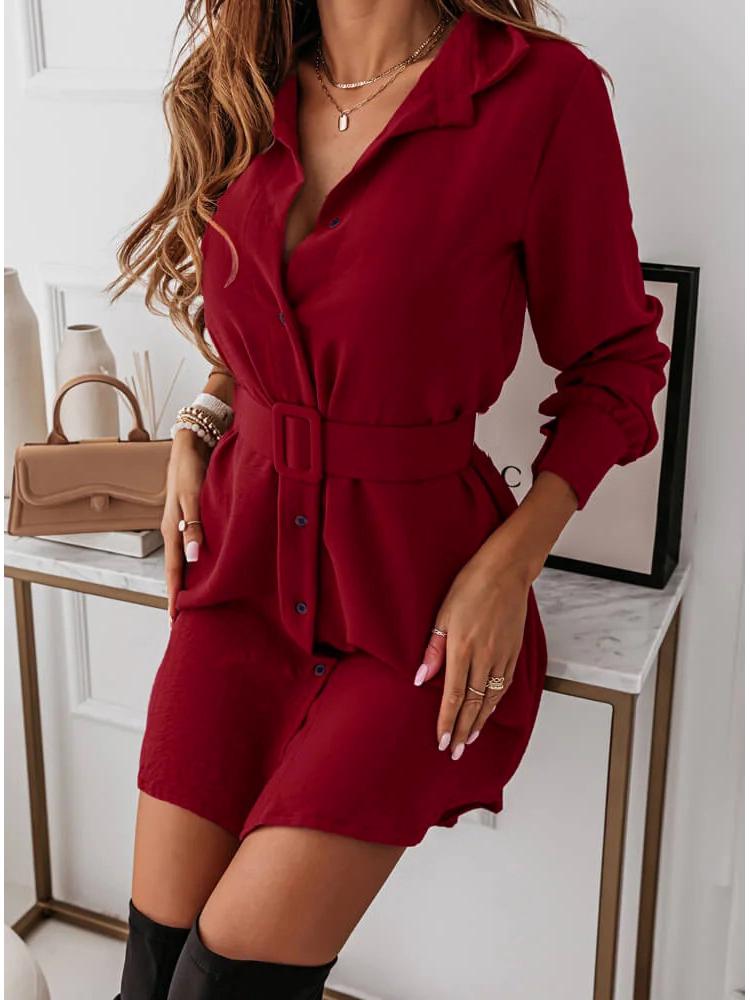2026 Autumn/Winter Slimming Belted Long Sleeve Collared Dress S красный