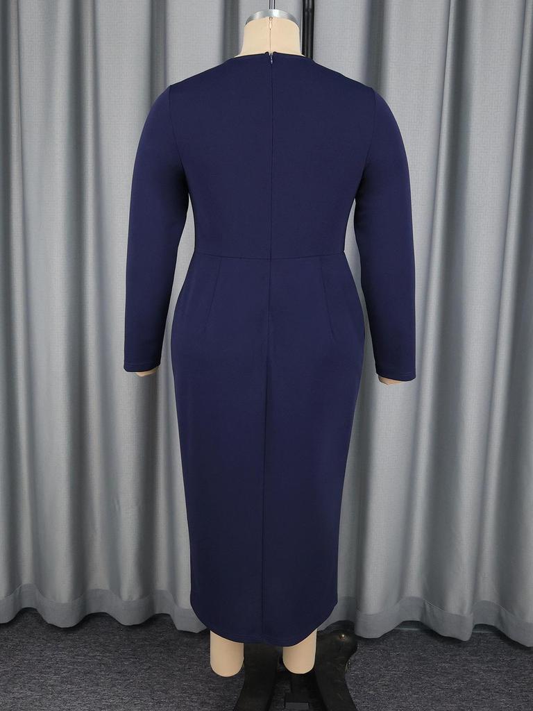 Navy Blue Plus Size Slim Fit Dress with 3D Floral Design and Contrast Trim