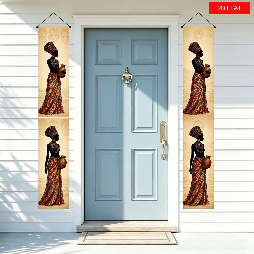2D Flat, 2D Flat, 2D Flat Banner, 2pcs African Traditional Culture Tribal Women'S Doorway Hanging Flags Elegant Black Queen Headpiece Totem Bead Ethni