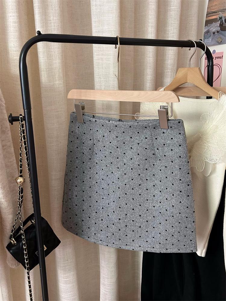 

Light Gray Heart Woolen High Waist A-Line Skirt for Women - Spring/Autumn 2026 Double Extra Large светло-серый