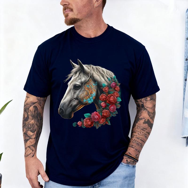 Horse Mandala Flower Animal Motif Horse Cotton TShirt Men and Women Crew Neck Short Sleeve Soft Casual Outdoors Fashion Tees