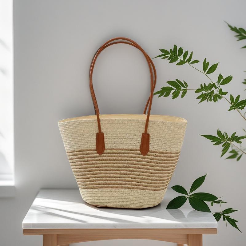 Women's Cowhide Woven Straw Tote - Large Capacity Summer Beach Bucket Bag