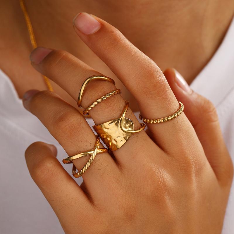 Stainless Steel Cross Geometric Open Ring Set for Women Hip-Hop Twisted Metal Lines Stacked Rings Personality Party Jewelry Gift