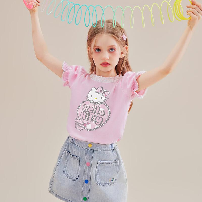 Hello Kitty Girls' Summer Cartoon Heart Print Puff Sleeve T-Shirt