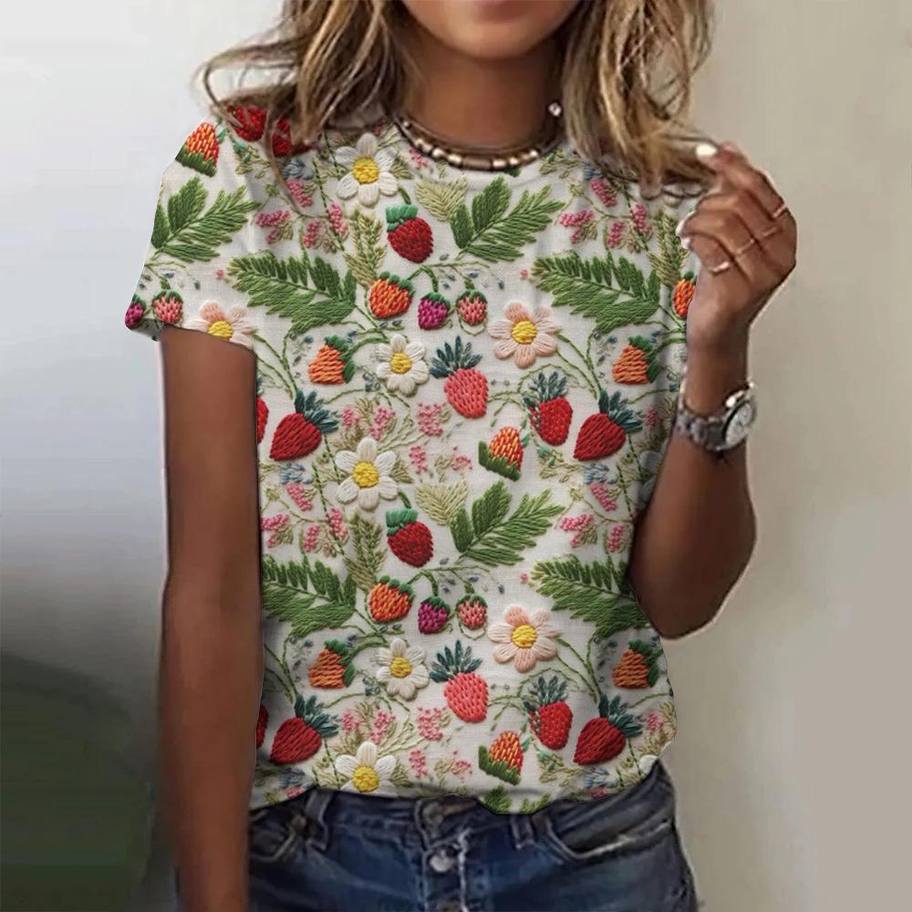 New Colorful Floral T-shirt, 3D Floral Print, Women's Summer Round Neck Short Sleeved T-shirt, Harajuku Y2K T-shirt, T-shirt, Women's Clothing