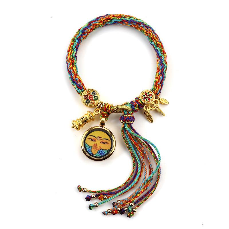 Woven Zhakiram Five Wealth Gods Eye Bracelet with Green Tara and Manjushri Thangka Design