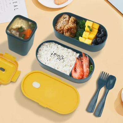 Gesundes Material Doppelschichtige Lunchbox mit Gabel und Löffel, Mikrowellengeeignete Bento-Boxen, Geschirrset, Lebensmittelaufbewahrungsbehälter