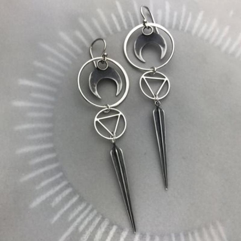 Gothic Punk Demon Eye Moon Earrings - Ancient Silver, Halloween Accessory, Long Metal Design