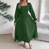 Elegant Women Solid High Waist Pleated Dress Long Sleeve Dot Lace Up Autumn Winter