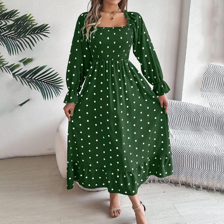 Elegant Women Solid High Waist Pleated Dress Long Sleeve Dot Lace Up Autumn Winter