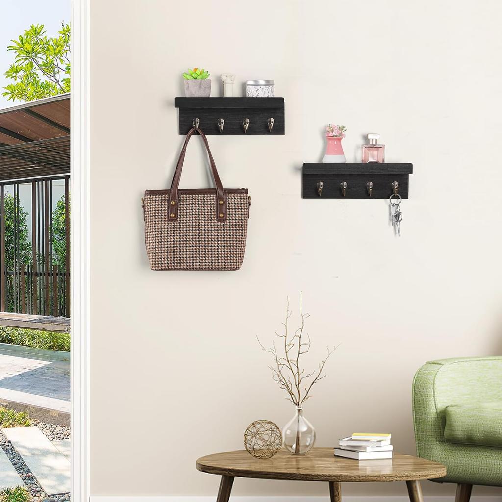 2 Pack Farmhouse Wooden Key Holder, Shelf with Hooks, Coat Rack Wall Mount, for Entryway, Bathroom, Kitchen (Black)