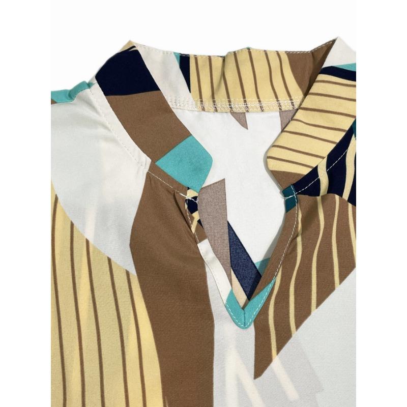 Women Geometric Print Dress V Neck Short Sleeve Waist Tie Casual Midi Dress Vacation Wear