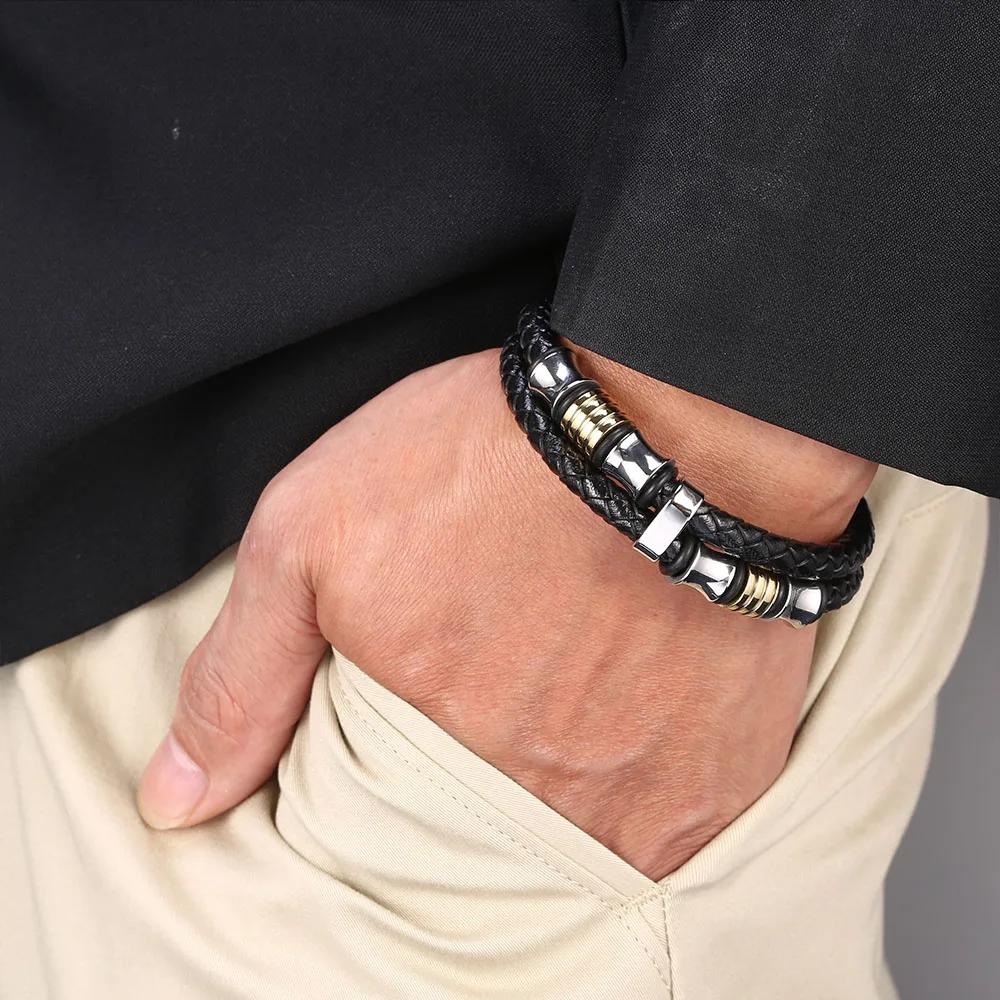 Men's Classic Bracelet Fashion Jewelry Black Leather Rope Chain Charm Bracelet Sports Casual Style
