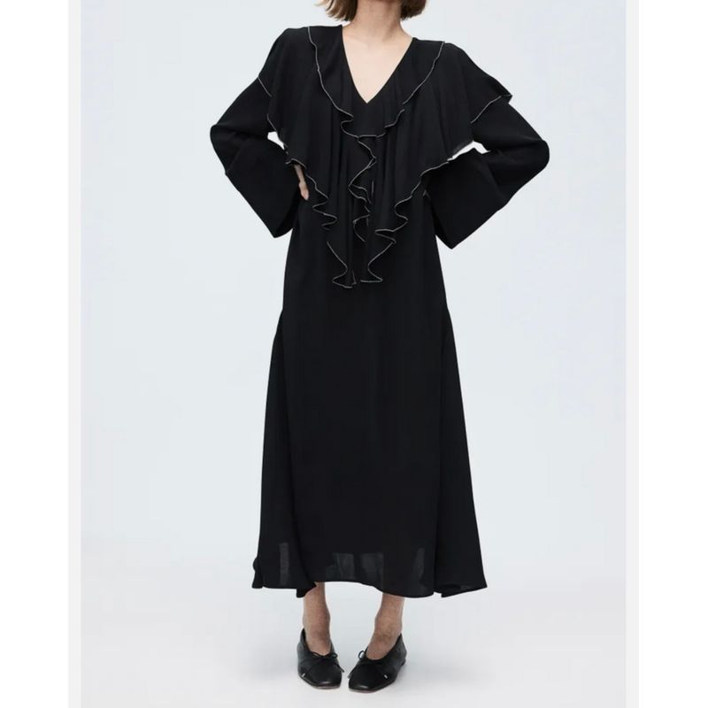 Export H Home Stylish Fashion Long Sleeve Ruffles Special-Interest Design Hepburn Black Elegance Beautiful Casual Dress