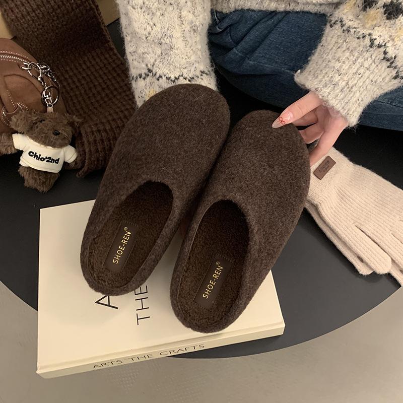 

Серые шерстяные ретро с внутренней высотой 4 см обувь Boken женские на толстой подошве маленькие картофелины плюшевые теплые с закрытым носком пушистые тапочки 40 коричневый