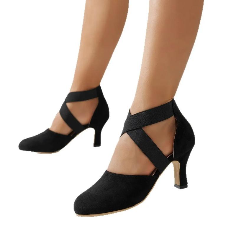 Retro Elastic Strap Mary Jane Shoes Women's round Toe Large Size Ankle Strap Heels Rubber Sole Comfortable Cross-Border Footwear