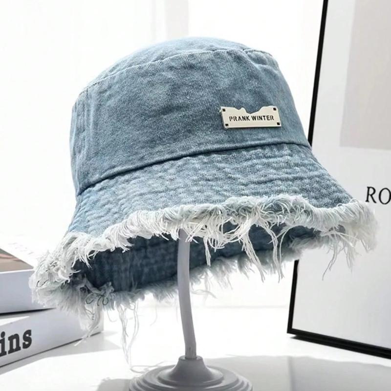 1 solid color worn-out bucket cap with letter logo decoration, vintage neutral sunscreen bucket cap, suitable for daily wear