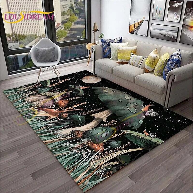 3D Starry Botanical Sun Moonlit Mushroom Rug Floral Hippie Moon Phase Carpet for Aesthetic Bedroom Living Room Vintage Game Mat