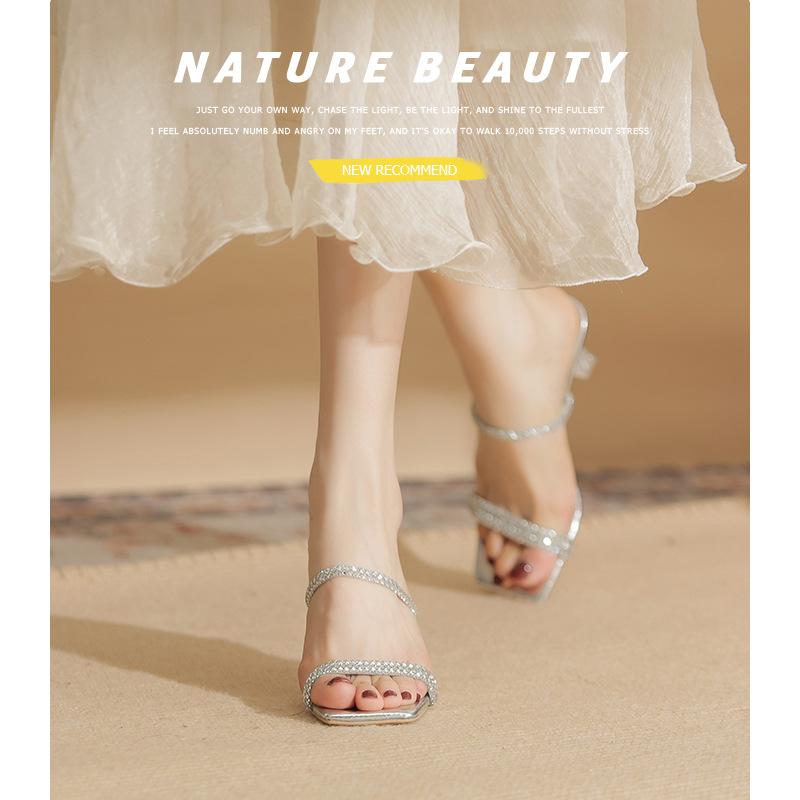 7313 high-heeled slippers women's new outer wear in summer 2025, thin-heeled cool slippers, square crystal and sandals.