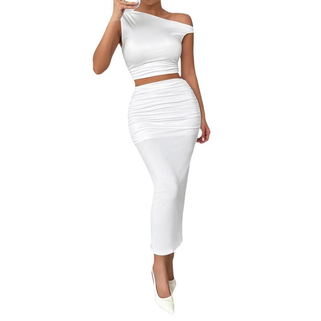 2024 European & American Women's Autumn/Winter One-Shoulder Bodycon Set - Solid Color, Ruched, Sleeveless, Fashionable & Sexy.
