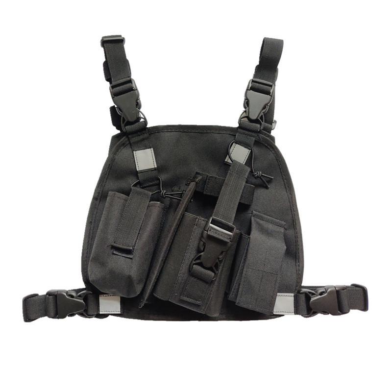 Adjustable Black Tactical Chest Pack for Walkie-talkie, Phone, GPS, and Laptop.